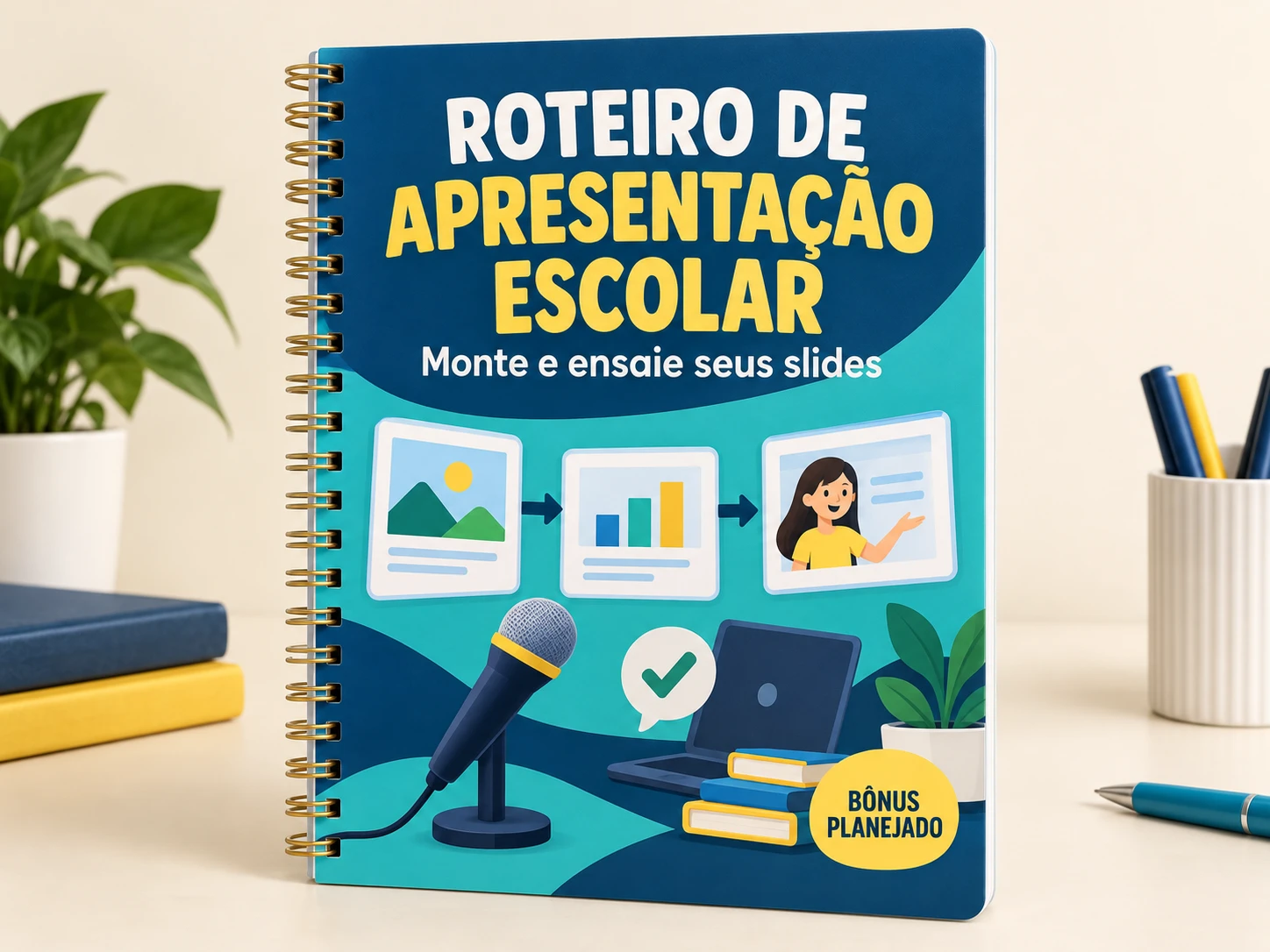 Mockup do bônus planejado Roteiro de Apresentação Escolar: Monte e ensaie seus slides