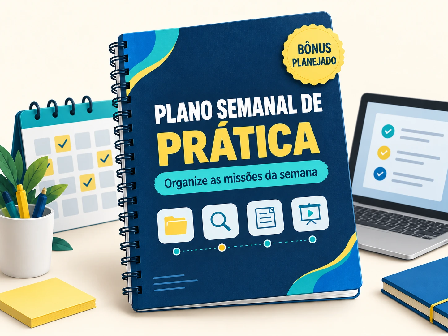 Mockup do bônus planejado Plano Semanal de Prática: Organize as missões da semana