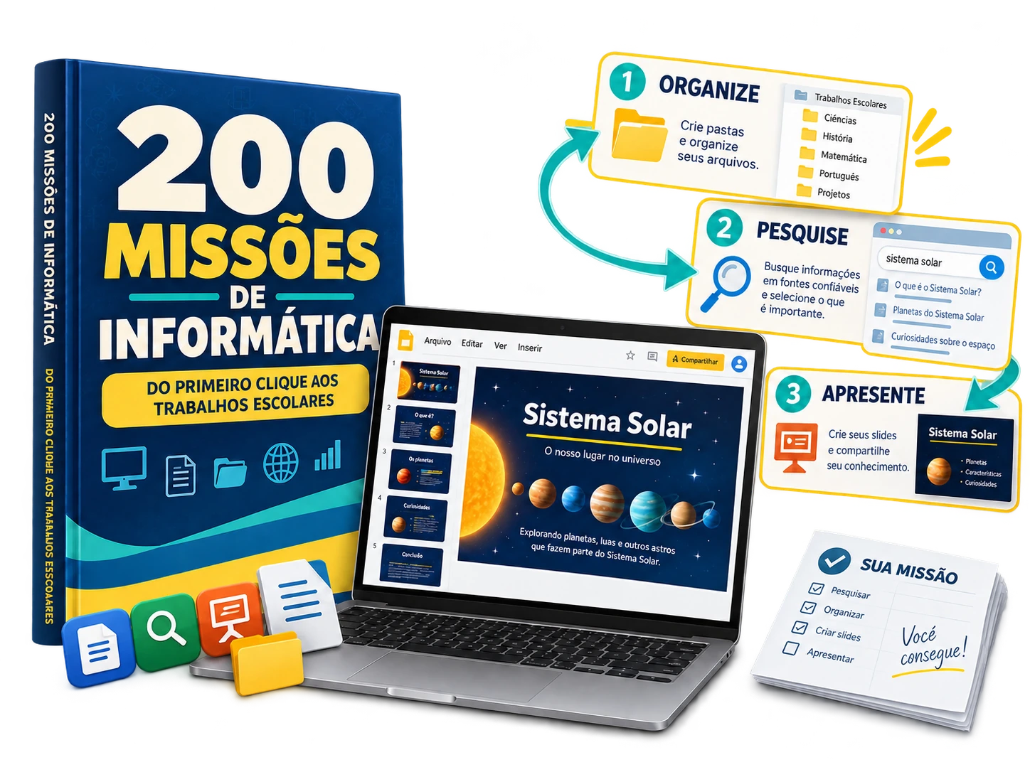 Mockup da coleção 200 Missões de Informática com notebook, fichas e resultado escolar