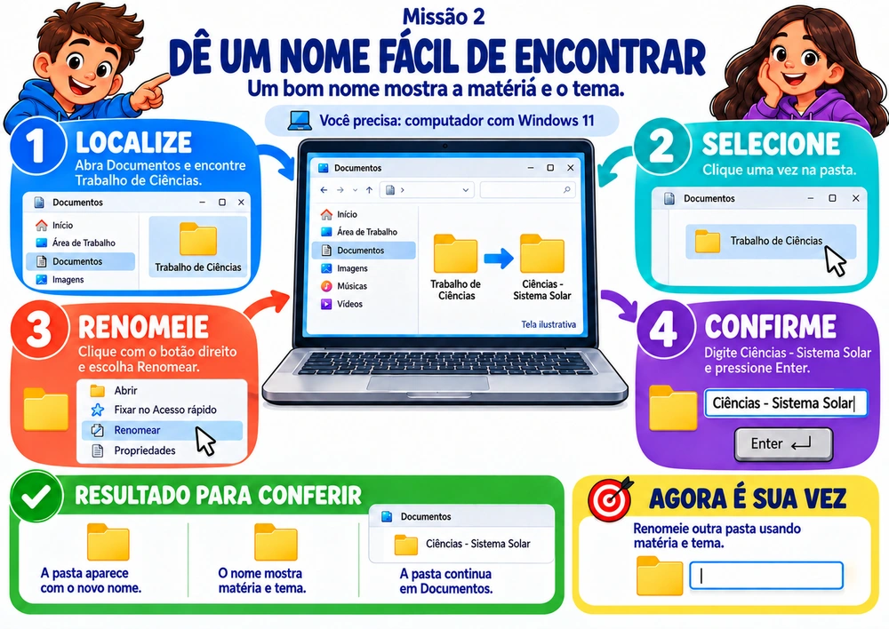 Mapa mental ilustrado: DÊ UM NOME FÁCIL DE ENCONTRAR, com passos objetivos, resultado para conferir e desafio prático