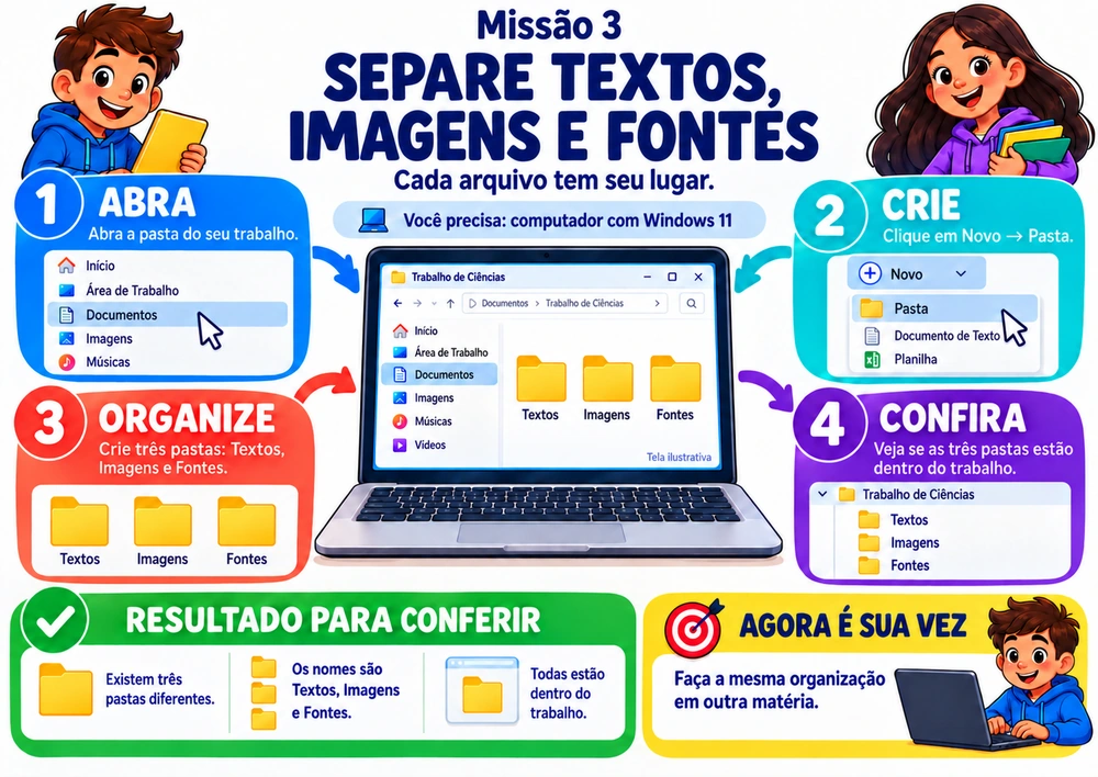 Mapa mental ilustrado: SEPARE TEXTOS, IMAGENS E FONTES, com passos objetivos, resultado para conferir e desafio prático